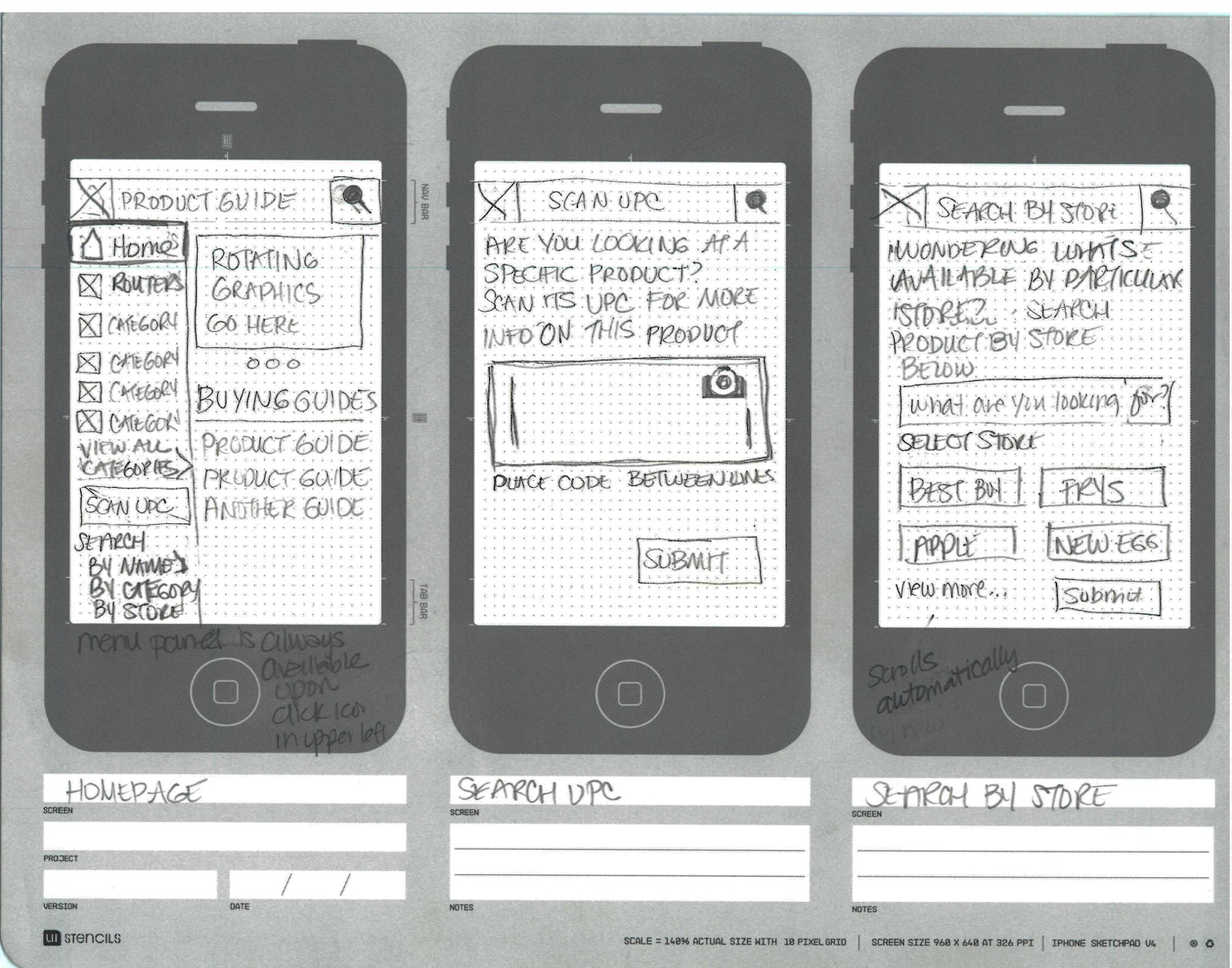 Hand-drawn concept sketches of the app's three entry screens