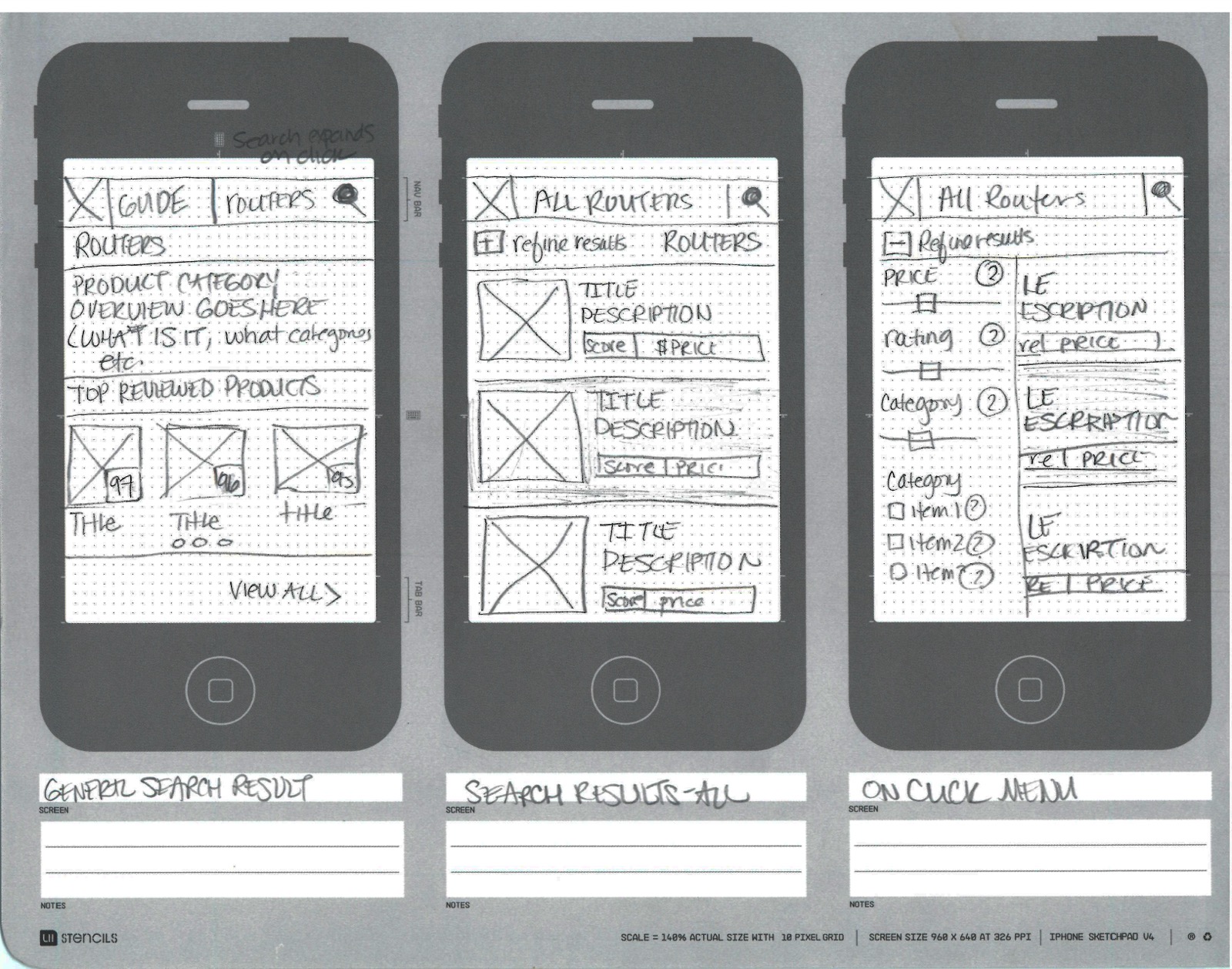 Sketches of the search results and the refine-by-price/rating/category menu