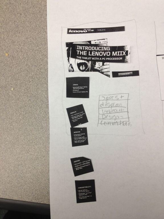 The Lenovo Miix desktop launch page, printed and physically cut into modules (header, hero, specs, display, webcam, design) laid out on paper with a hand-drawn phone outline and handwritten labels.